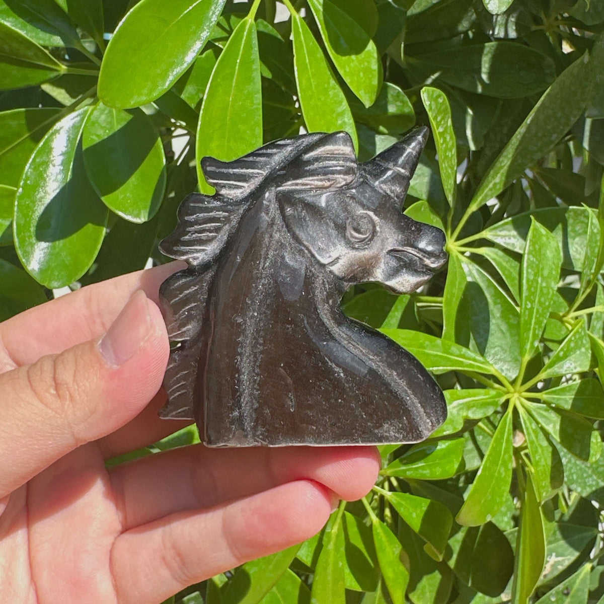 Silver Obsidian Unicorn Carving