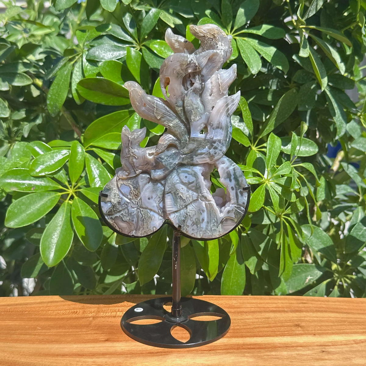 Moss Agate Nine-tailed Fox Carving