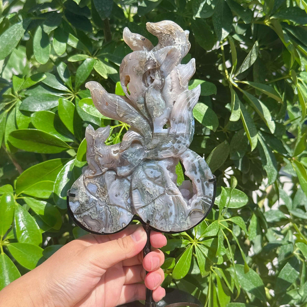 Moss Agate Nine-tailed Fox Carving