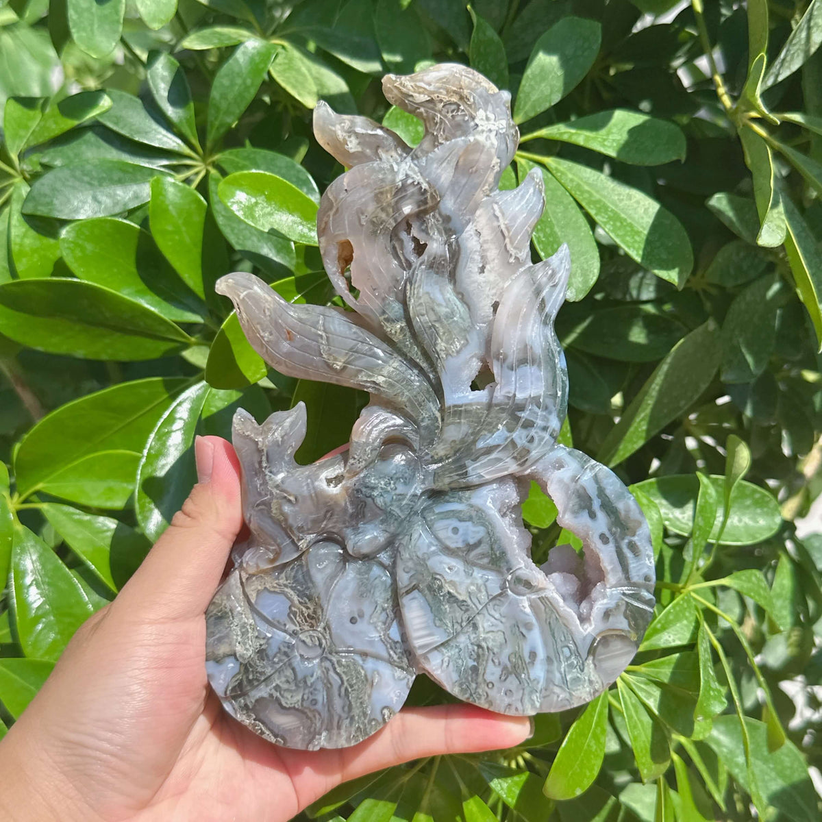 Moss Agate Nine-tailed Fox Carving