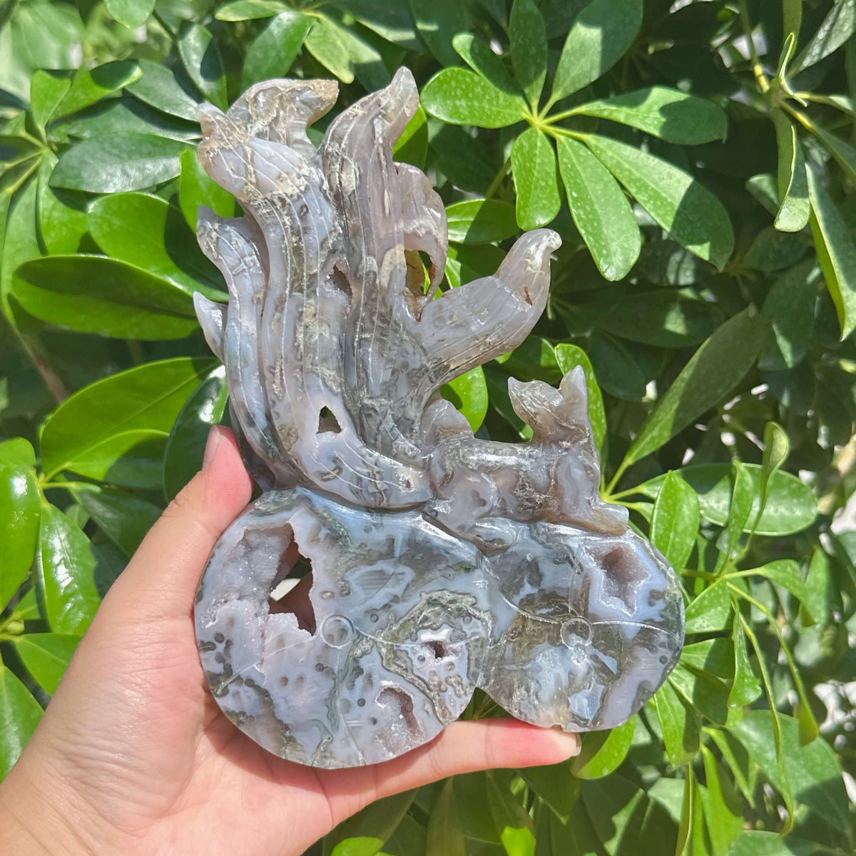 Moss Agate Nine-tailed Fox Carving