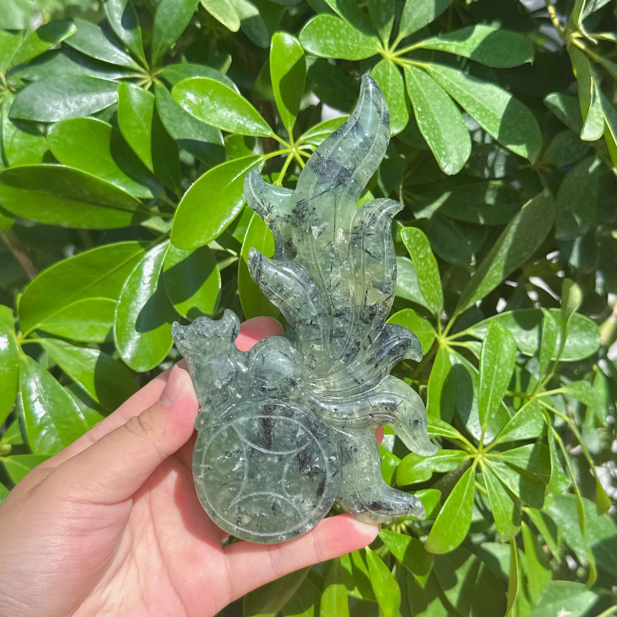 Prehnite Nine-tailed Fox Carving