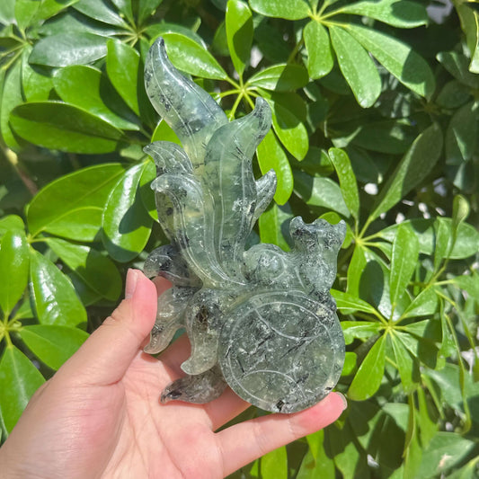 Prehnite Nine-tailed Fox Carving