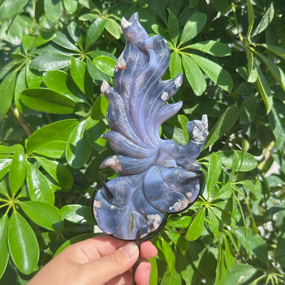 Blue Flower Agate Nine-tailed Fox Carving
