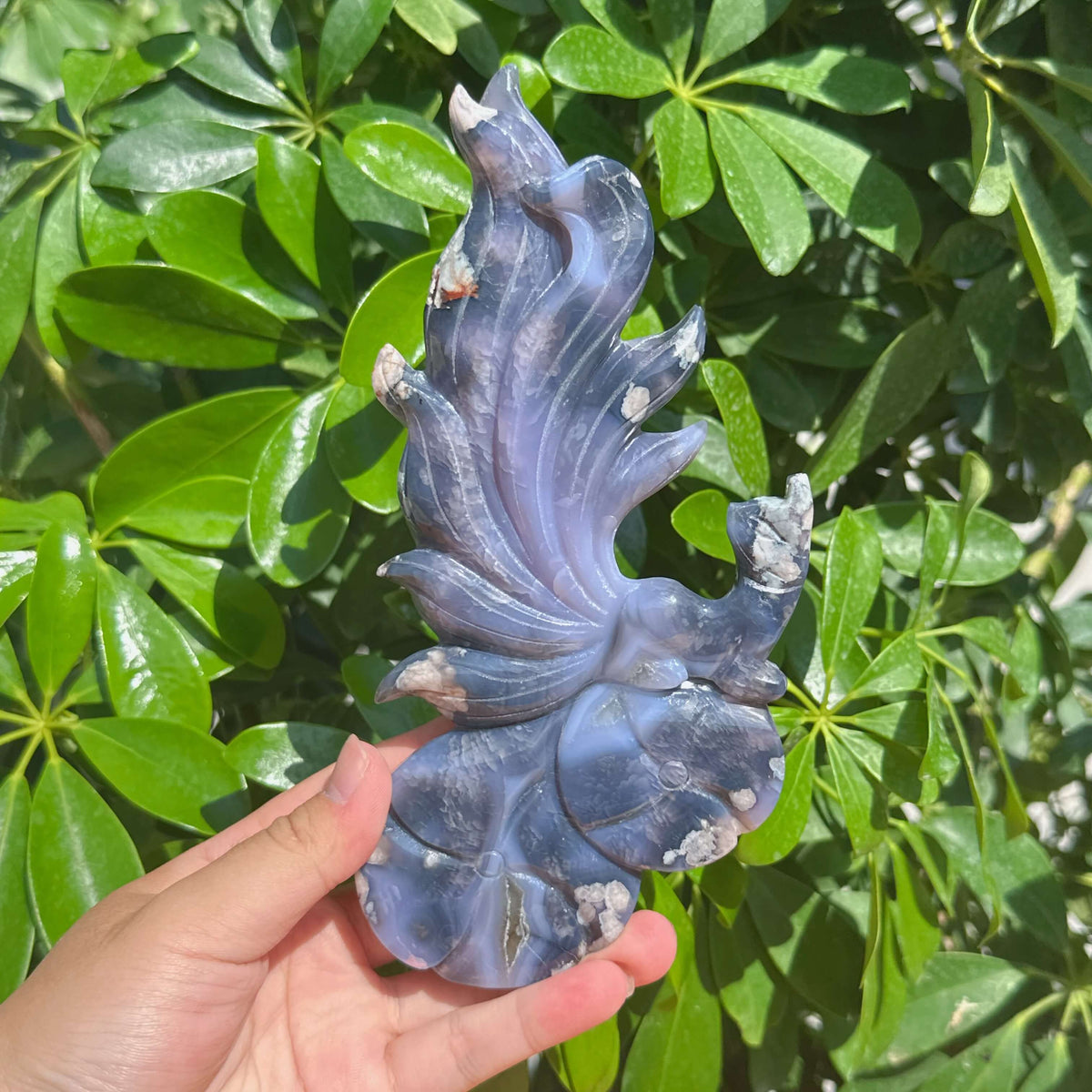 Blue Flower Agate Nine-tailed Fox Carving
