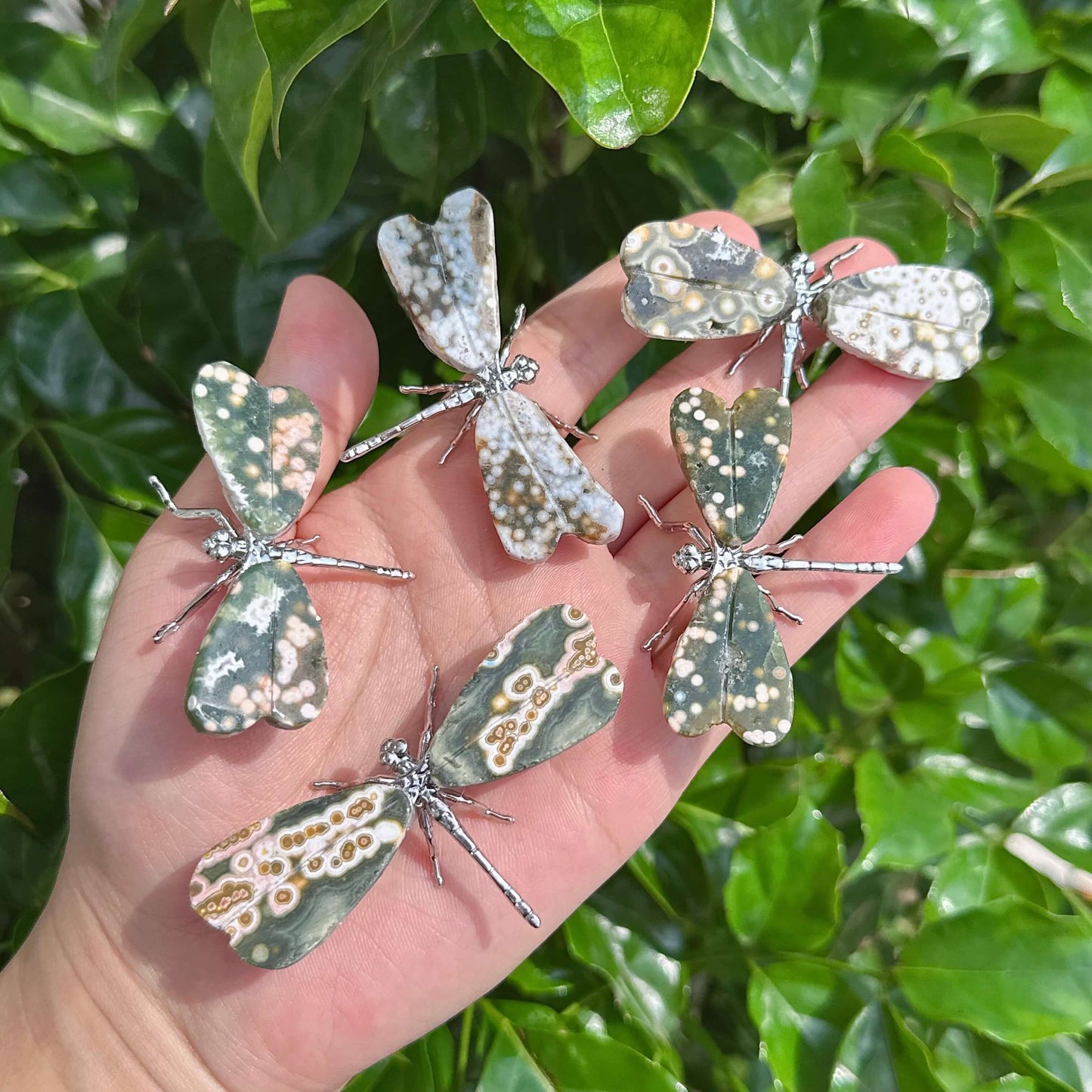 Ocean Jasper Dragonfly with intricate patterns and metallic accents, perfect for home decor.