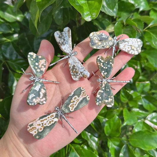 Ocean Jasper Dragonfly with intricate patterns and metallic accents, perfect for home decor.