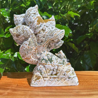 A full view of the 8th Vein Ocean Jasper Nine-Tailed Fox Carving, showcasing the layered design and unique color variations of the stone.
