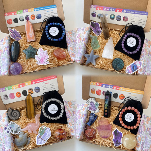 Deluxe Mystery Crystal Box including gemstone carvings, raw crystals, spheres, towers, and colorful ID cards.