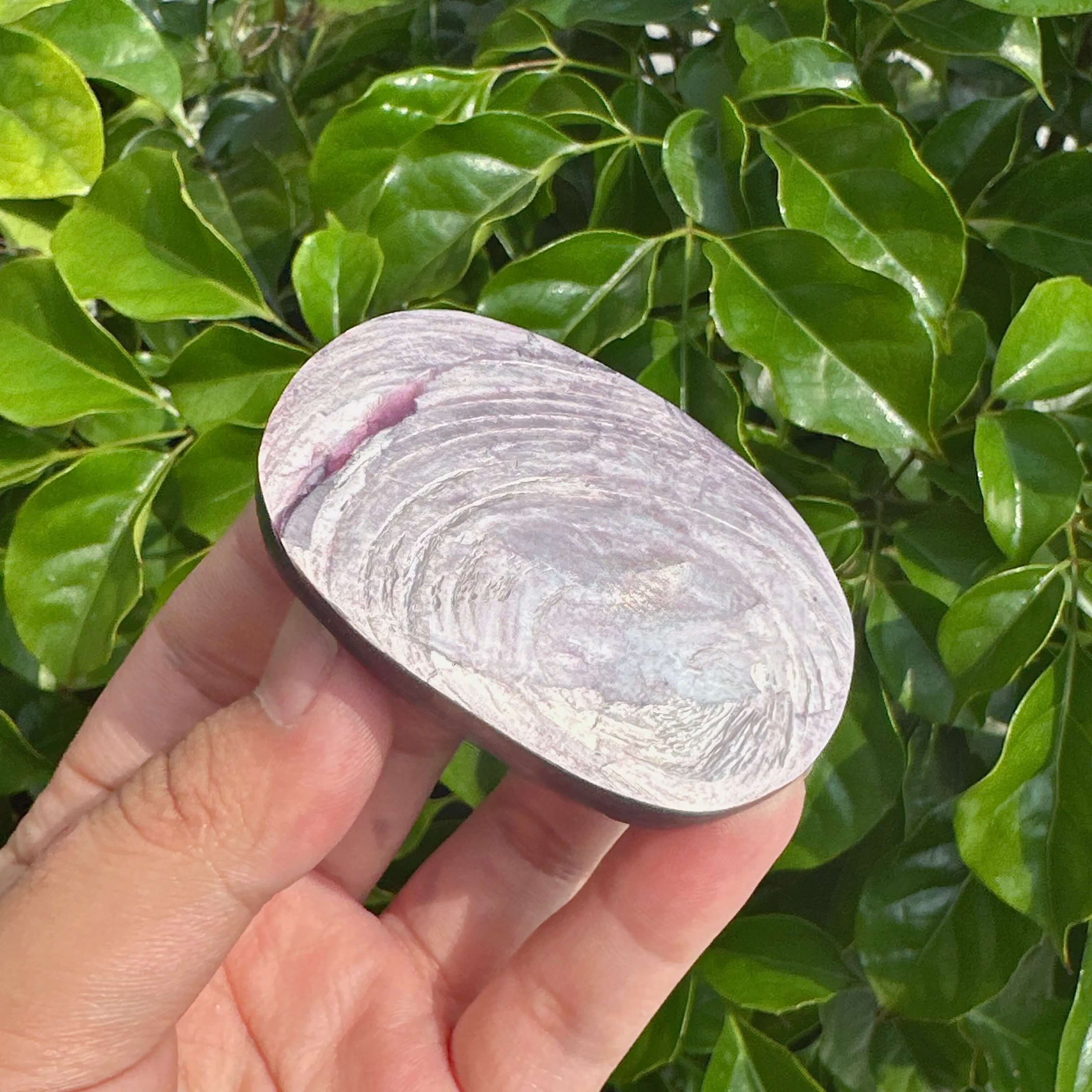A high-quality Lepidolite Palm crystal with vibrant purple hues, perfect for enhancing emotional well-being and inner peace.