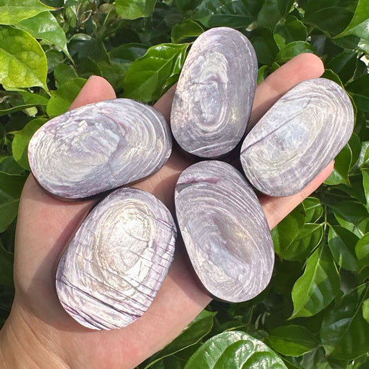 A beautiful Lepidolite Palm crystal with smooth, polished surfaces in calming purple shades, known for its stress-relieving properties.