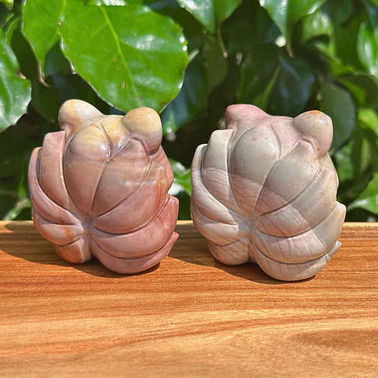 Pair of Alashan Agate Nine-Tailed Fox carvings side by side, showcasing the unique agate patterns and artistic design.