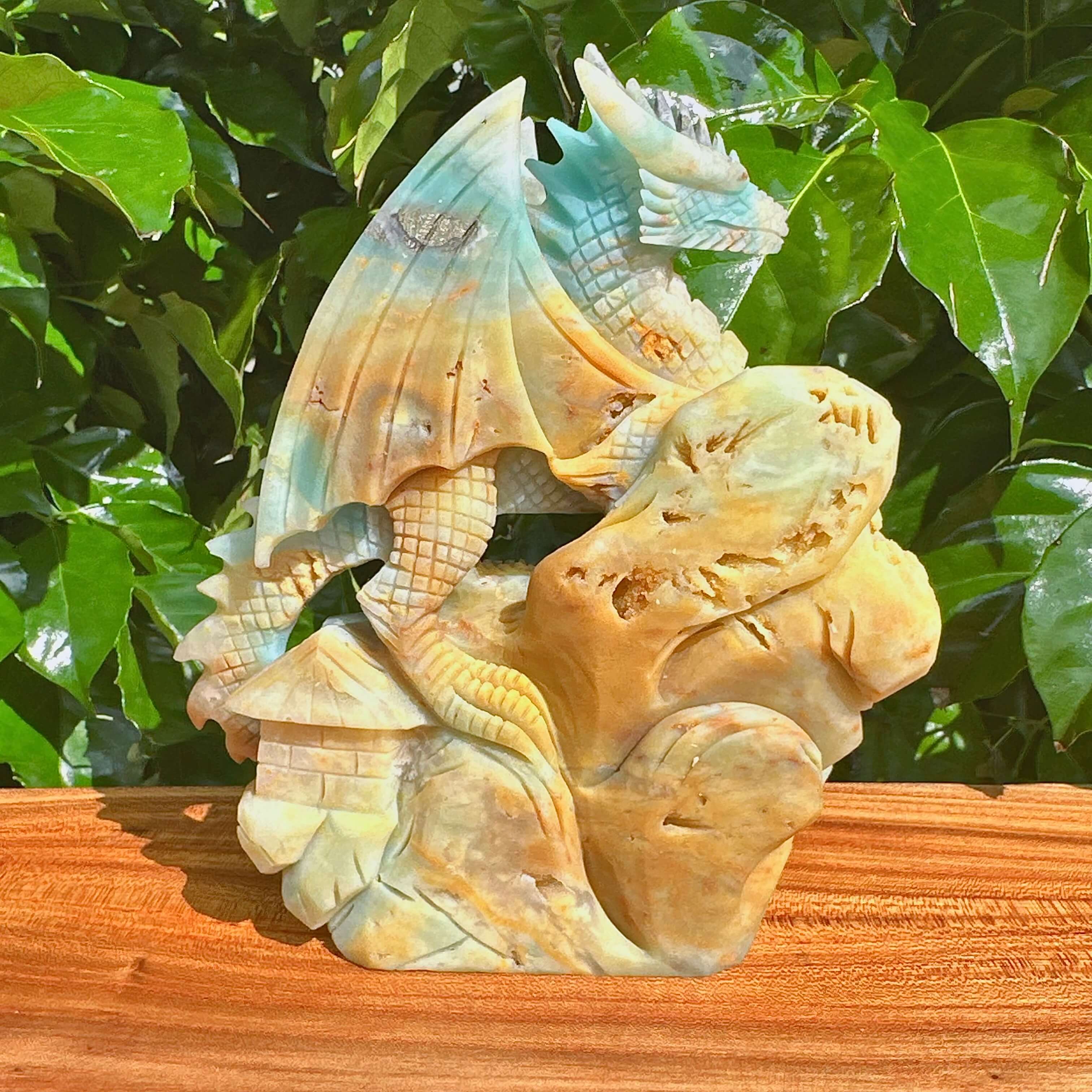 Close-up view of Amazonite Dragon Carving highlighting its unique texture and craftsmanship.