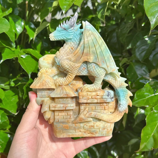Amazonite Dragon Carving with fine details and vibrant gemstone colors.