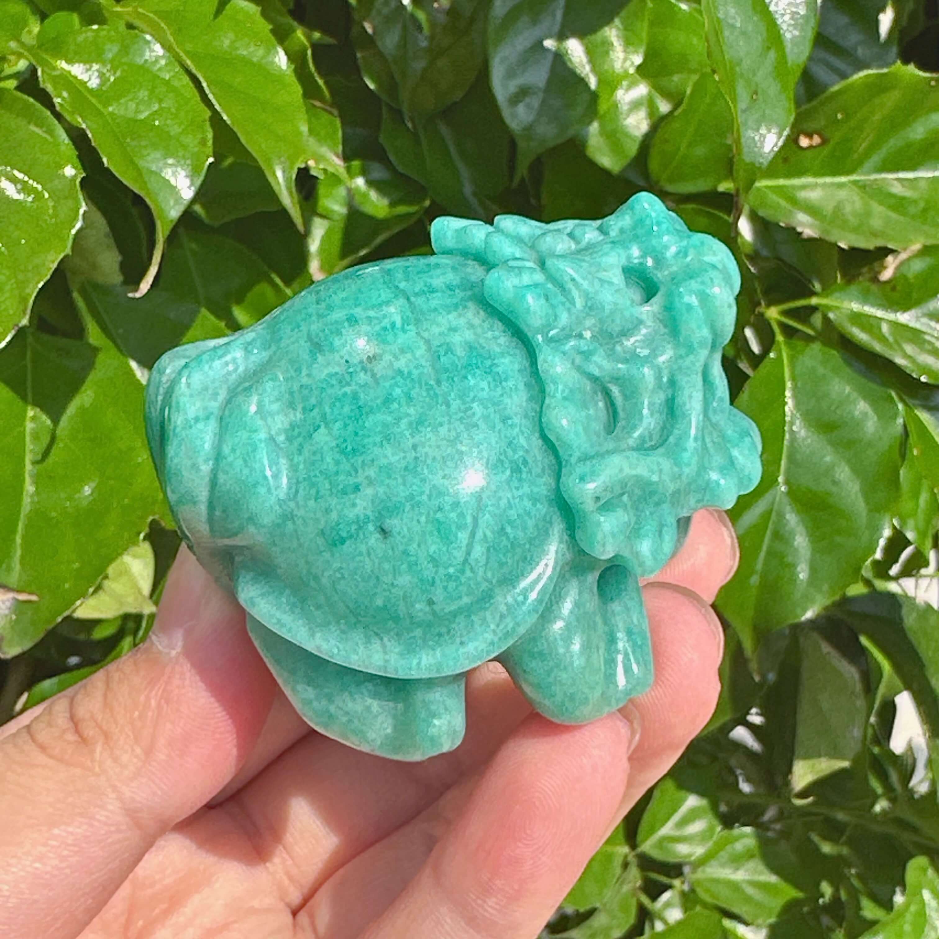 Side view of the Amazonite Dragon Turtle Carving, capturing its delicate shape and vibrant tones.