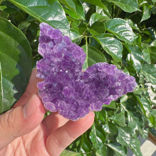Close-up of Amethyst Cluster Butterfly, displaying the vibrant color and texture of the amethyst crystals.