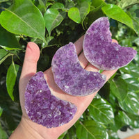 Amethyst Cluster Moon featuring rich purple hues and natural crystal formations, perfect for adding elegance to any space.