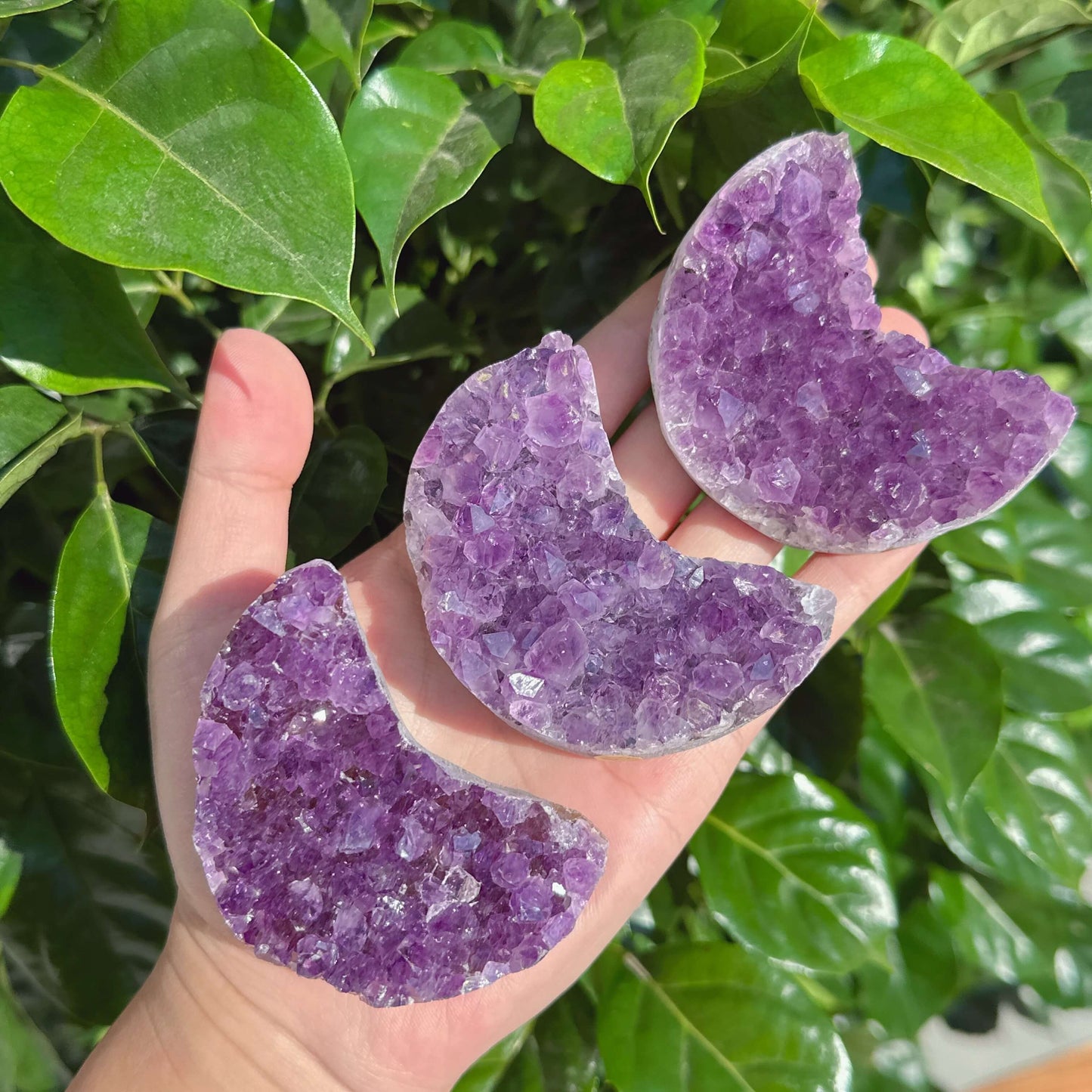 Amethyst Cluster Moon featuring rich purple hues and natural crystal formations, perfect for adding elegance to any space.
