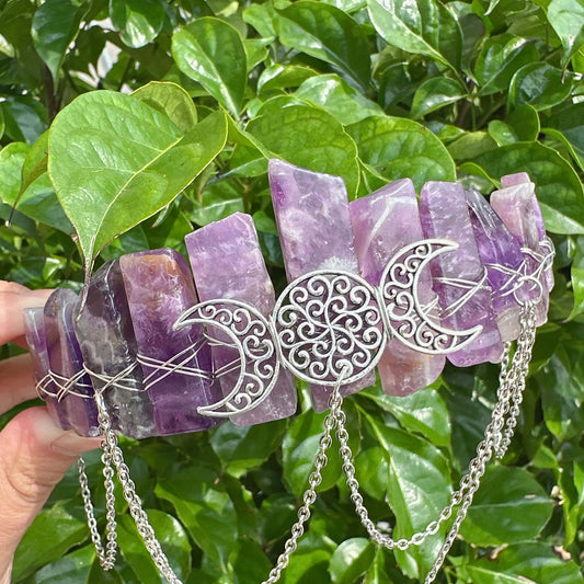 Amethyst Crystal Wicca Crown Headband adorned with crescent moons
