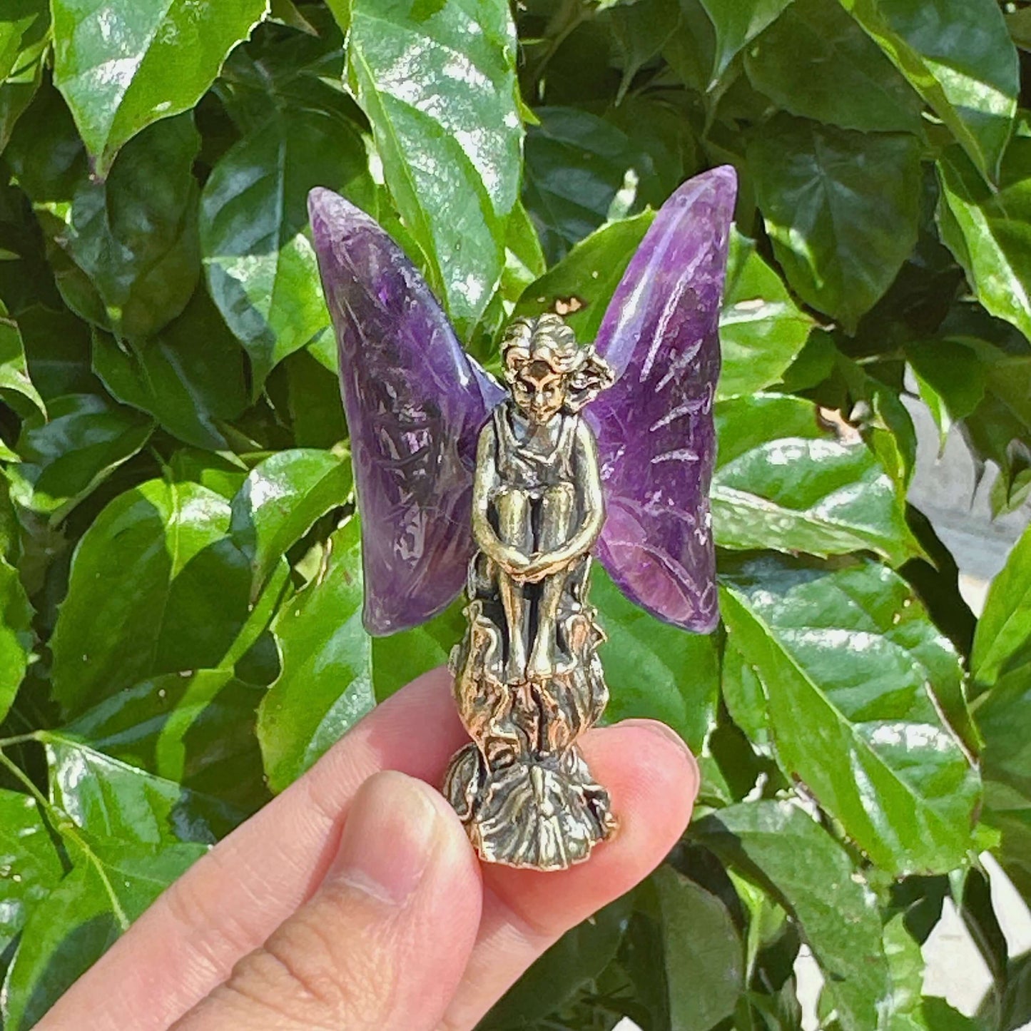 Handcrafted Amethyst Wing Angel figurine with glowing crystal wings, ideal for meditation