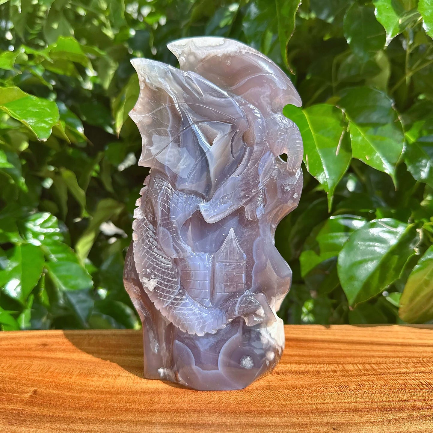 Black Flower Agate Dragon Carving - Detailed sculpture of a dragon with wings and scales in agate