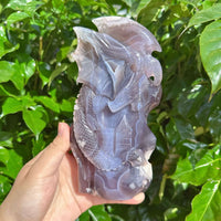 Black Flower Agate Dragon Sculpture - Dragon design with fine detailing of wings and scales in agate