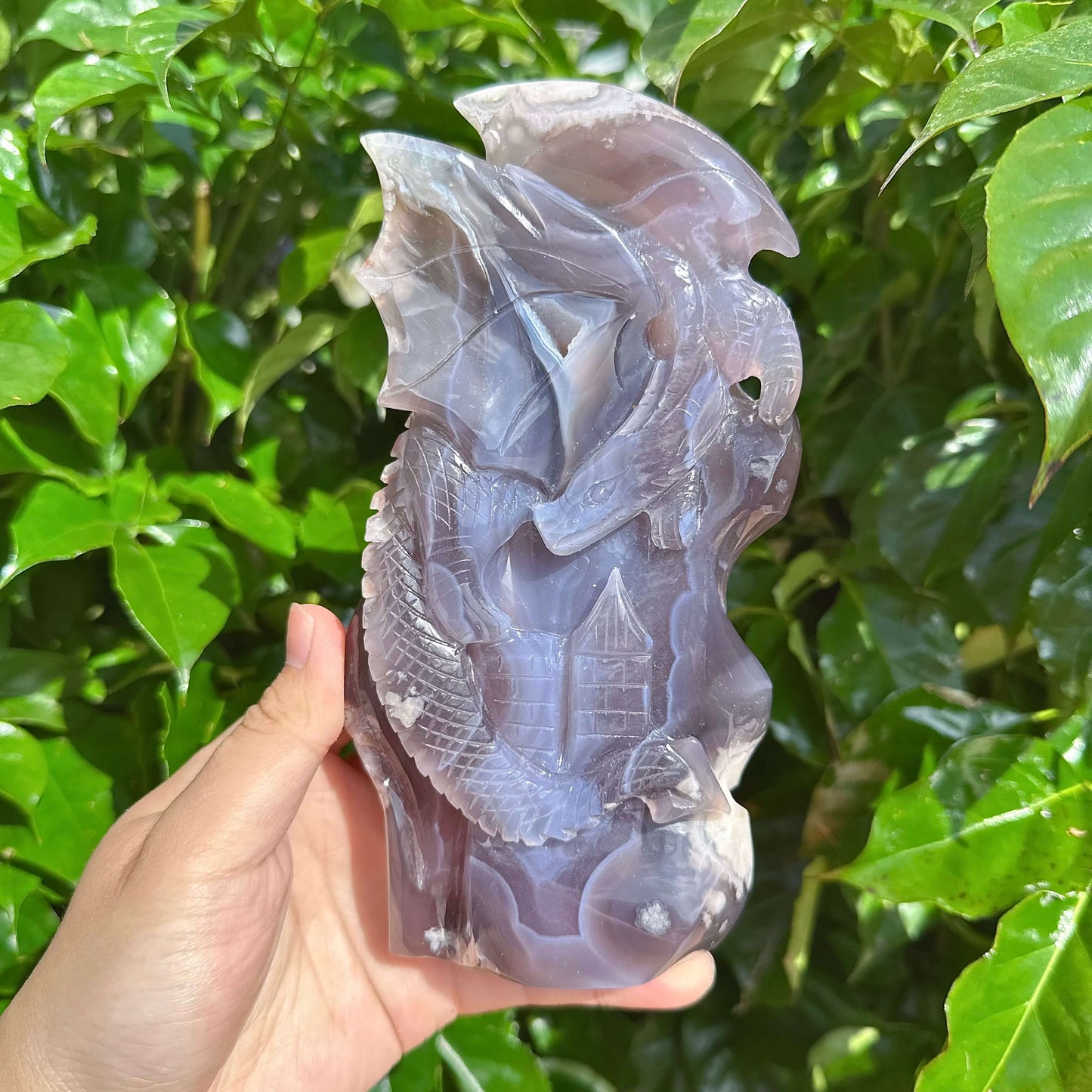Black Flower Agate Dragon Sculpture - Dragon design with fine detailing of wings and scales in agate