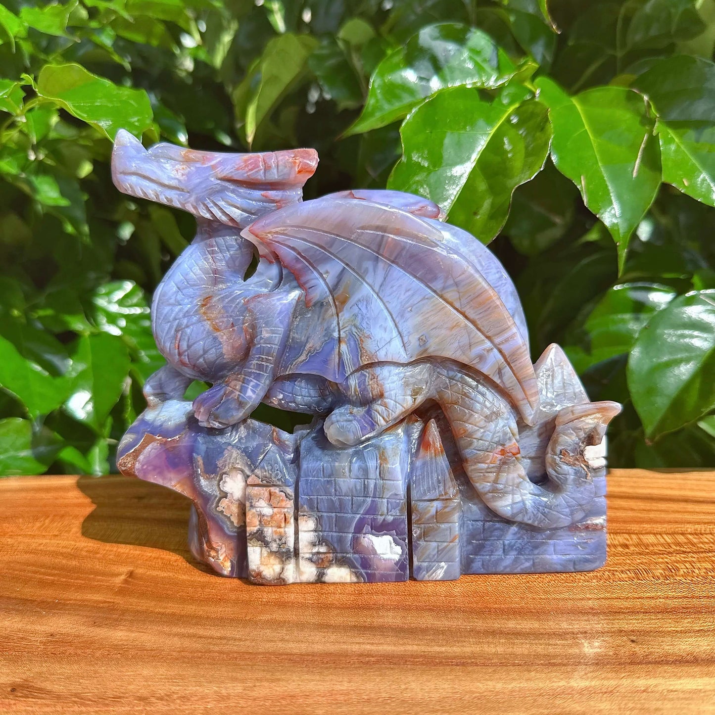 Blue Flower Agate Dragon Carving with intricate detailing on the front view.