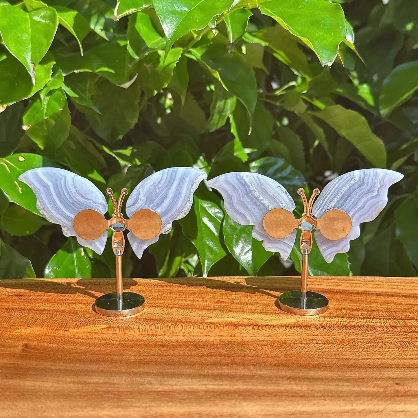 Blue Lace Agate butterfly figurine with delicate agate wings and silvery body.