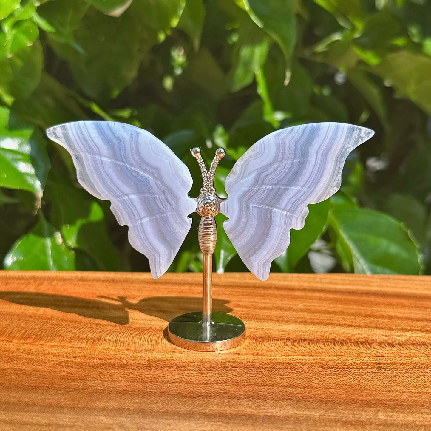 Pair of Blue Lace Agate butterflies with crystal wings and silver antennae.