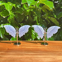 Front view of Blue Lace Agate butterfly with translucent wings, featuring a silver body and base.