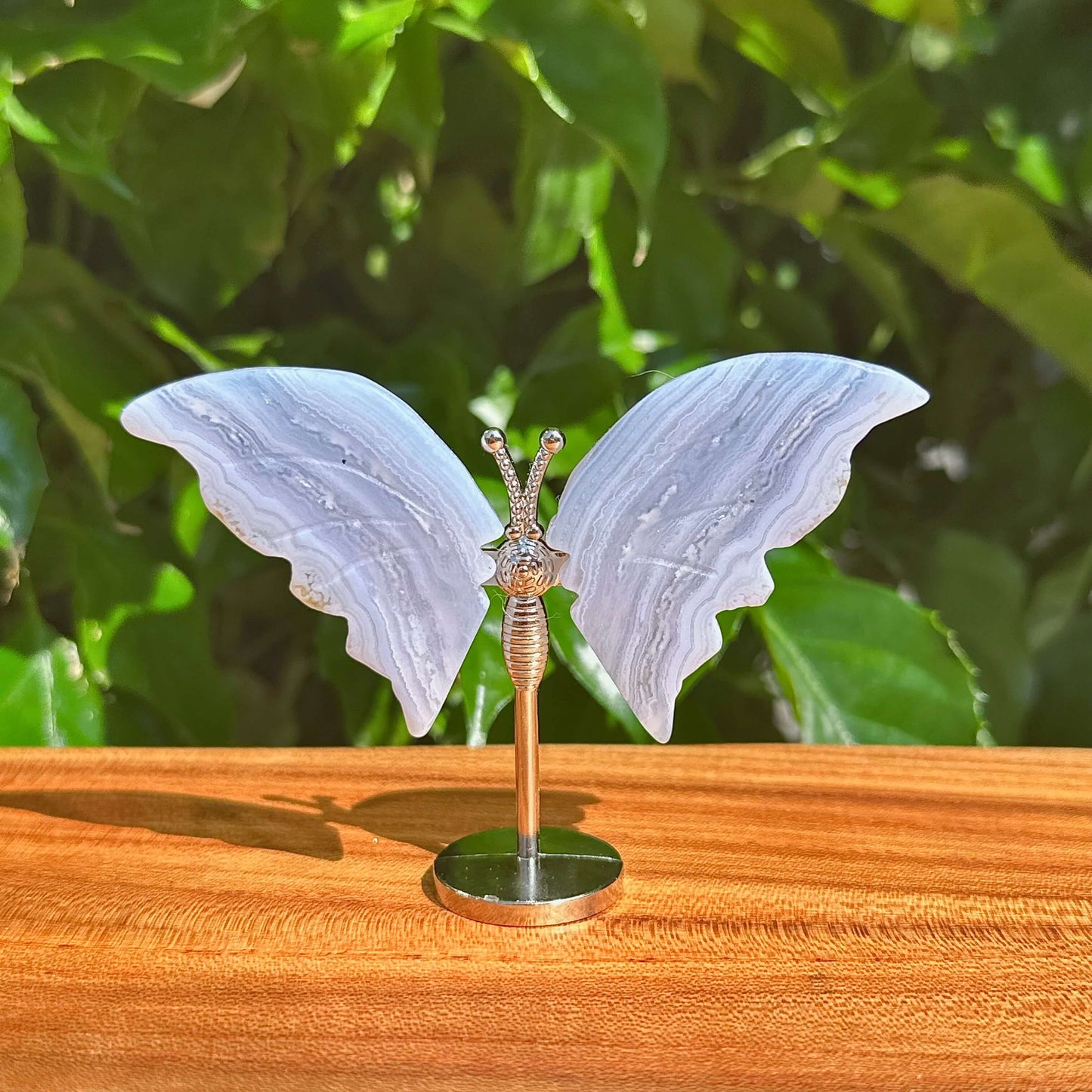 Two Blue Lace Agate butterflies side by side, with stunning crystal wings and silver details.