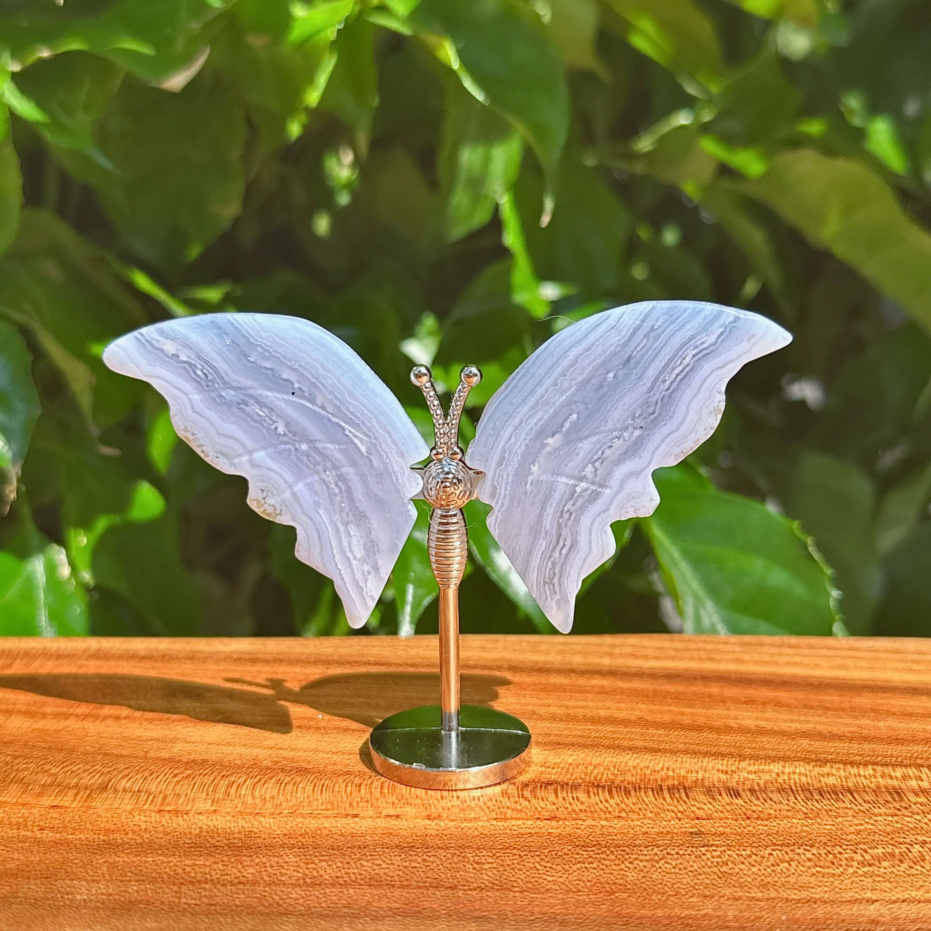 Two Blue Lace Agate butterflies side by side, with stunning crystal wings and silver details.