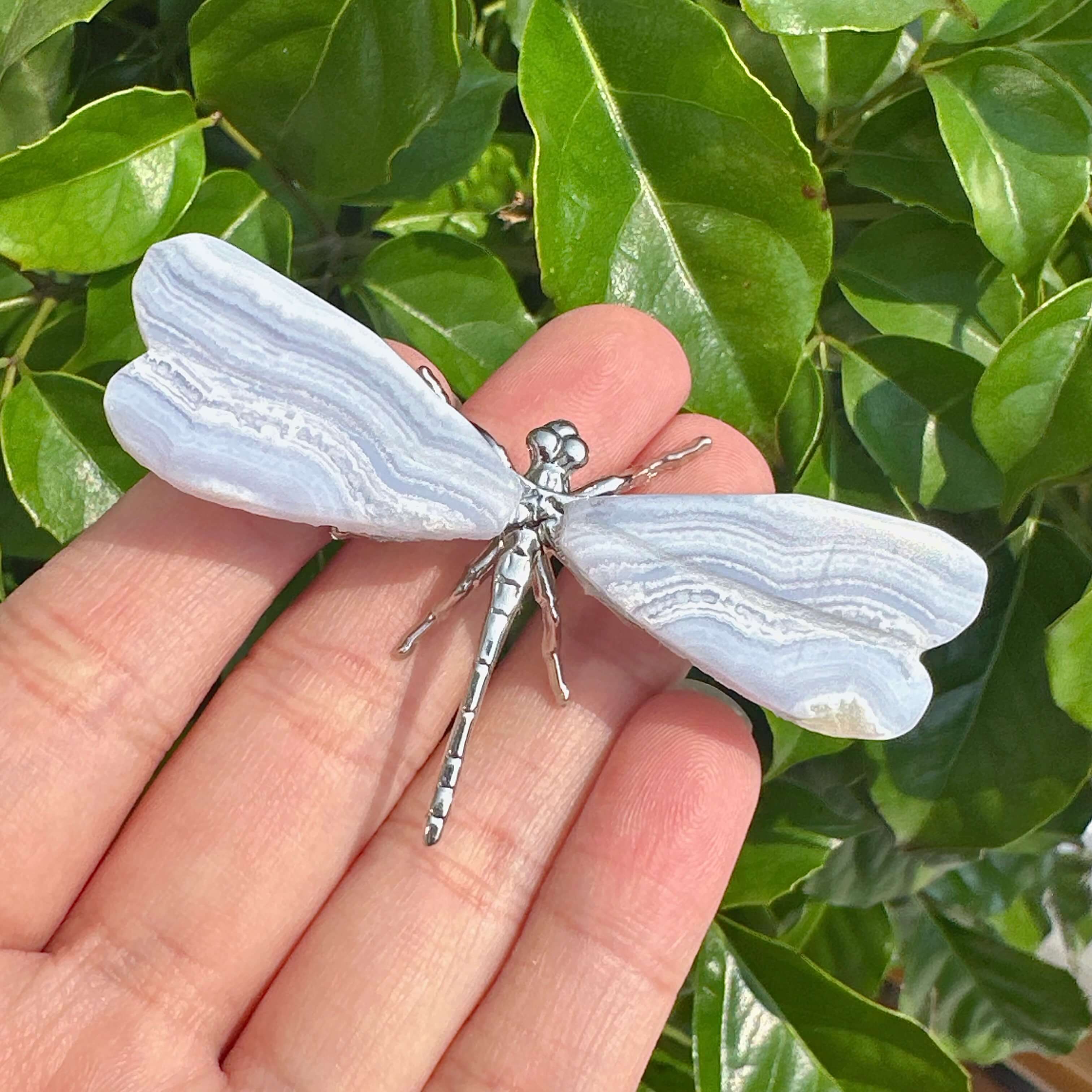 Close-up of a Blue Lace Agate Dragonfly sculpture with a focus on the smooth texture of the wings and the detailed body design.