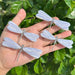 A set of two Blue Lace Agate Dragonfly sculptures, each meticulously carved to highlight the graceful design and natural stone patterns.