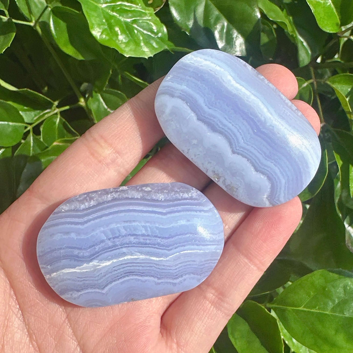 Close-up of Blue Lace Agate Palm, highlighting its soothing blue color and detailed crystal structure.