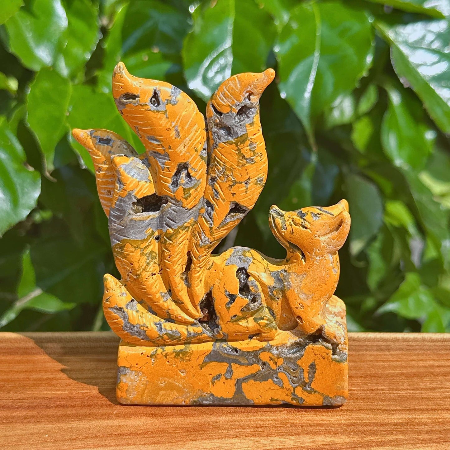 Bumble Bee Jasper Nine-Tailed Fox Carving with vibrant yellow and gray tones, symbolizing transformation and strength.