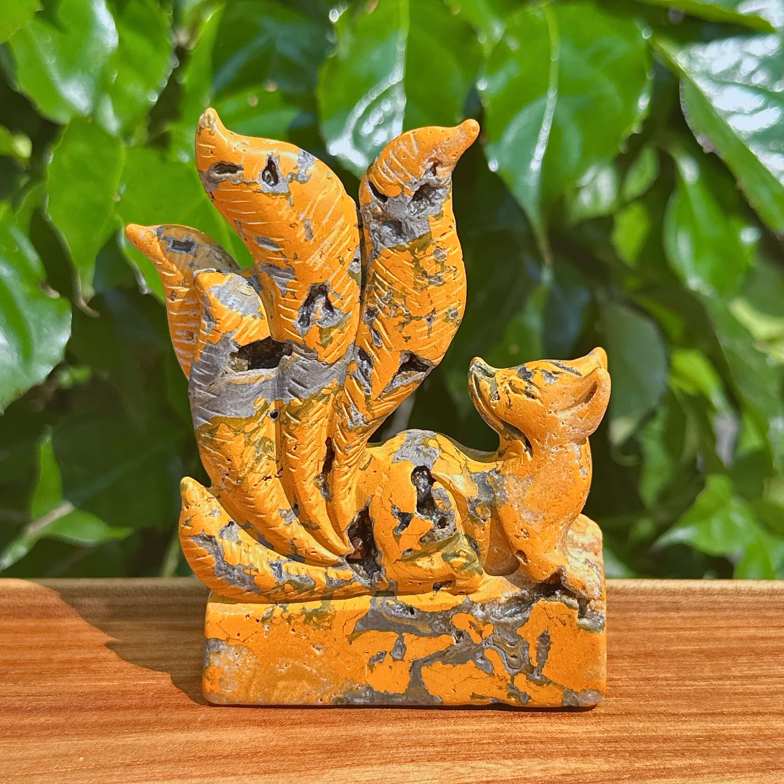 Bumble Bee Jasper Nine-Tailed Fox Carving with vibrant yellow and gray tones, symbolizing transformation and strength.