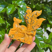 Detailed view of the Bumble Bee Jasper Nine-Tailed Fox Carving, showcasing the intricate design and bold color contrasts.