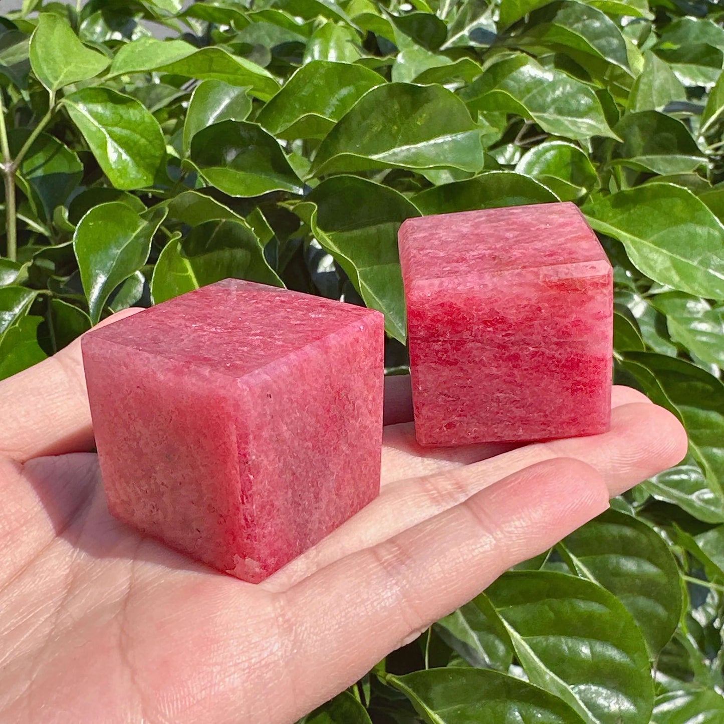 A Cherry Rhodonite Cube crystal displaying its unique pink and red tones, perfect for energy healing or as a decorative display piece.