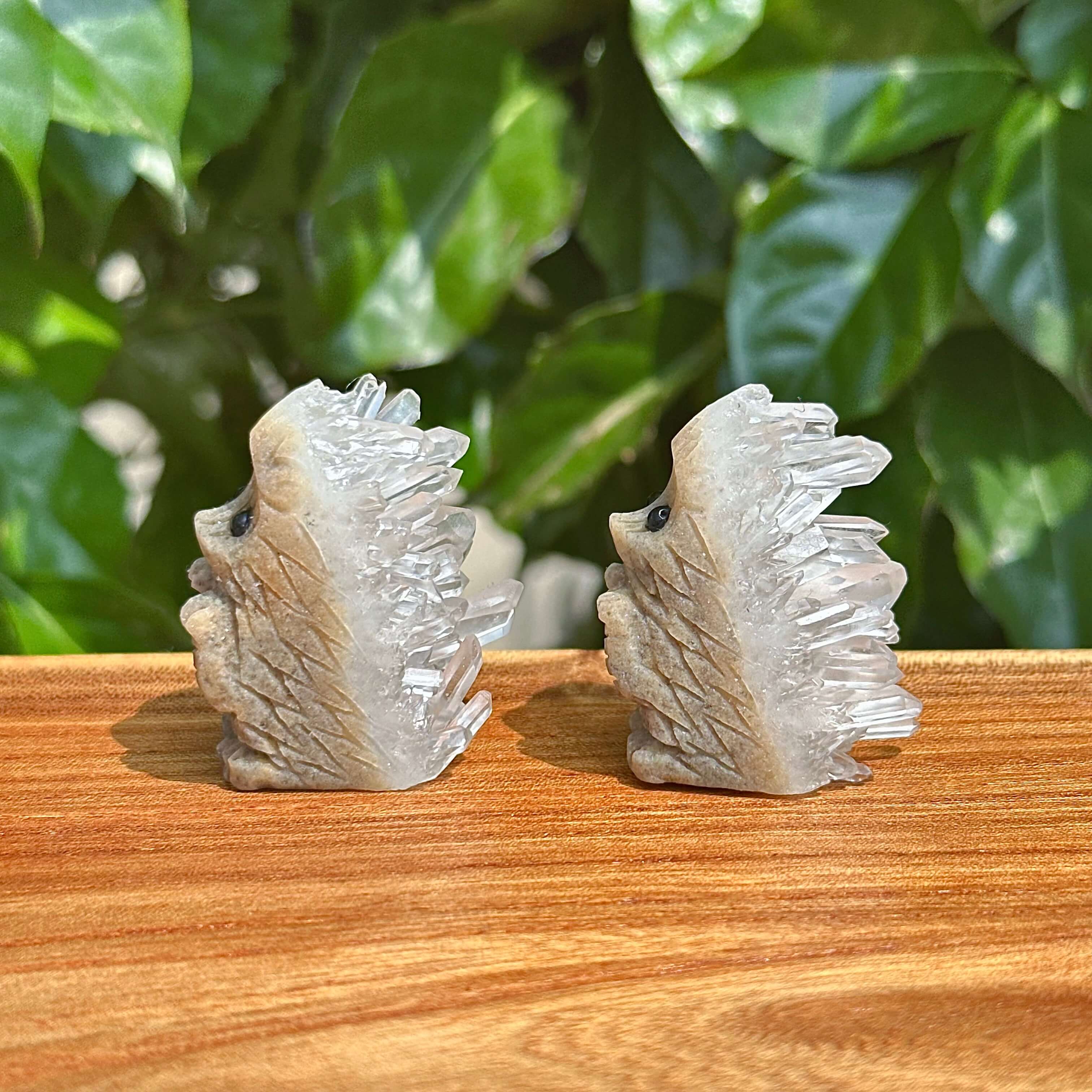 Detailed view of Clear Quartz Cluster Hedgehog Carving with natural quartz crystal formations on the back