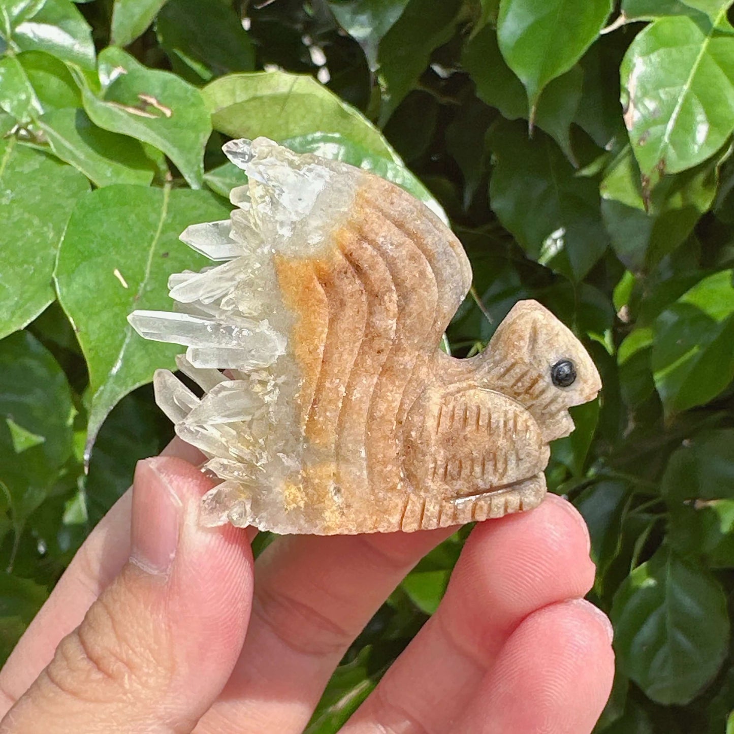 Side view of Clear Quartz Cluster Squirrel Carving with Crystalline Texture