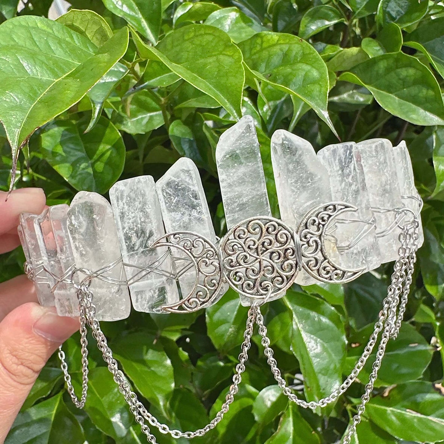 Clear Quartz Crystal Wicca Crown Headband with crescent moon detailing