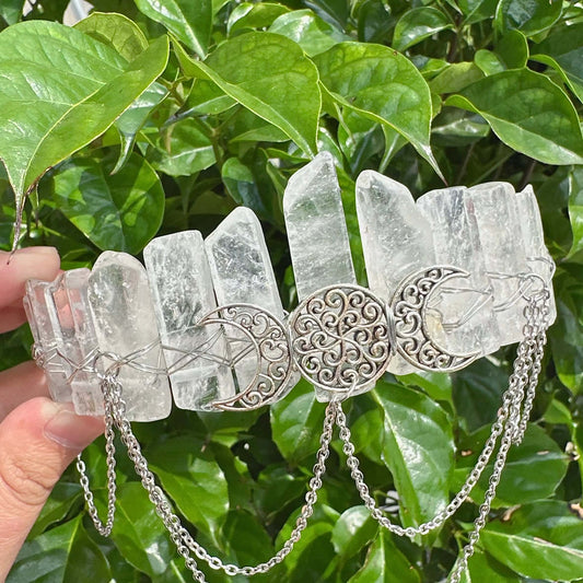 Clear Quartz Crystal Wicca Crown Headband with crescent moon detailing