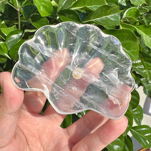Clear Quartz Shell Bowl displaying the delicate details of the natural crystal.