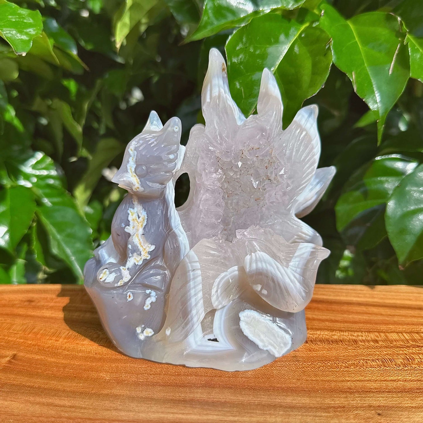 Handcrafted Geode Agate Nine-Tailed Fox Carving showcasing fine crystal detailing with subtle colors and textures.