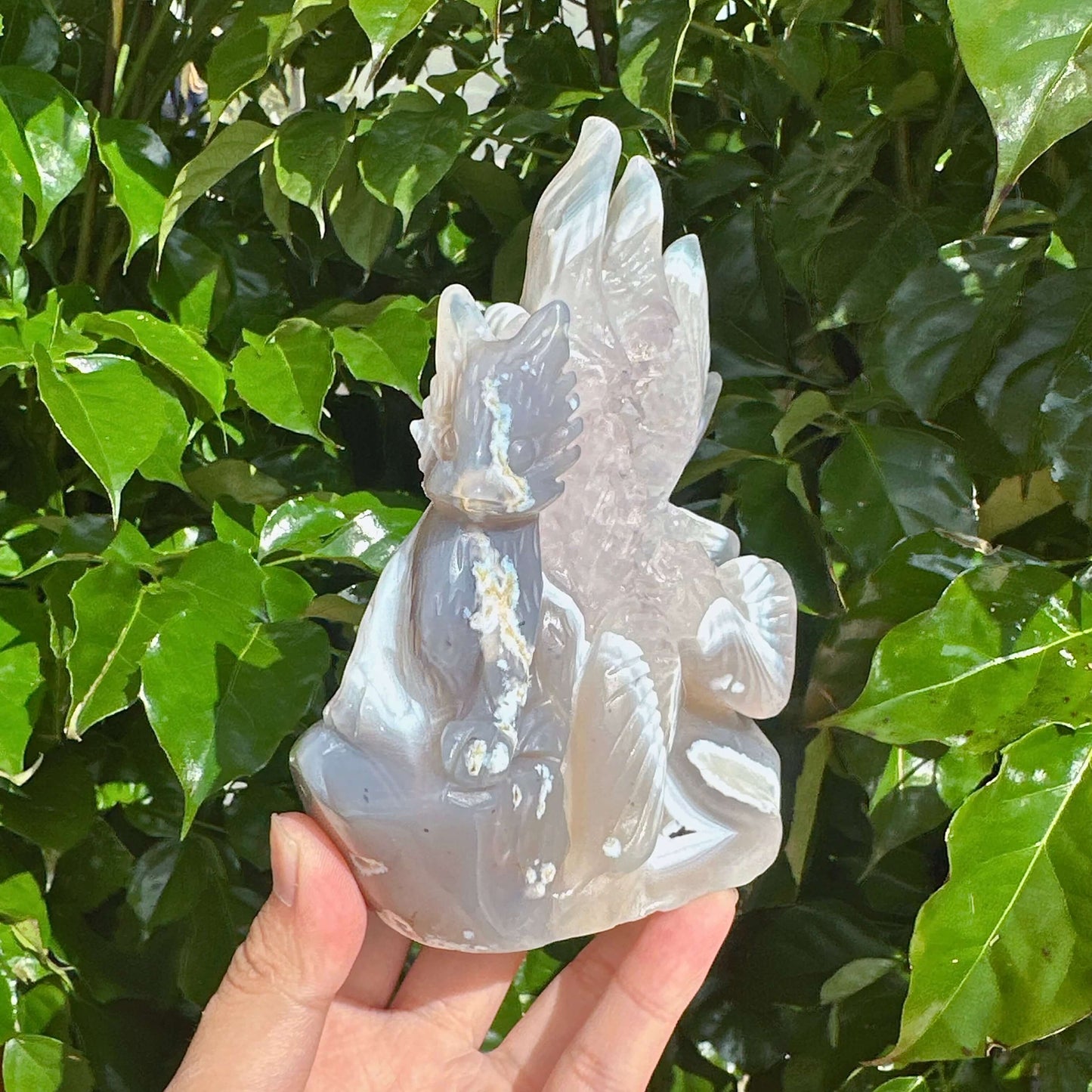 Exquisite Geode Agate Nine-Tailed Fox Carving showing a polished surface and vivid crystal details, ideal for collectors.