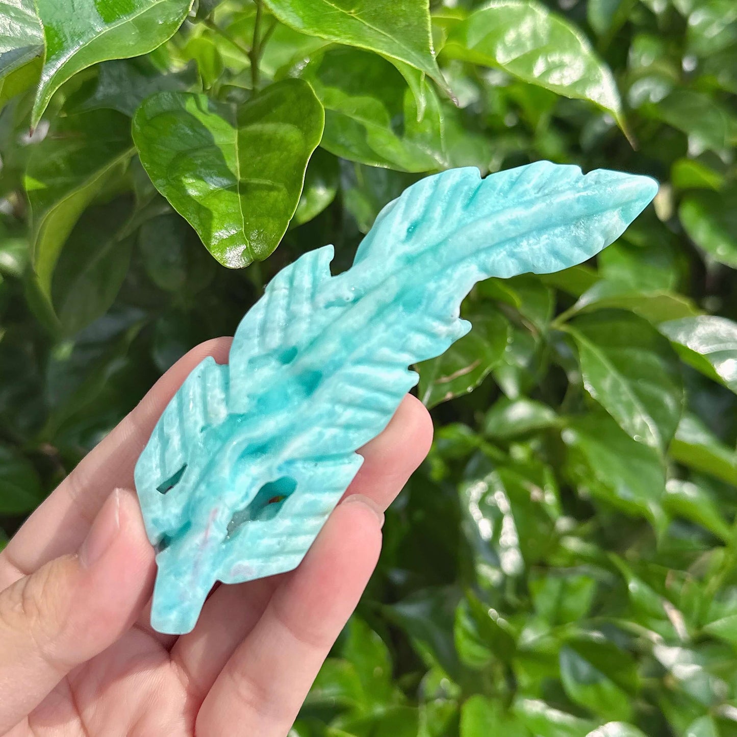 Hemimorphite Feather Carving highlighting the crystal's smooth surface and fine craftsmanship.