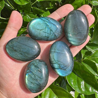 Close-up of a Labradorite Palm Stone, displaying the unique iridescent play of color in the crystal.