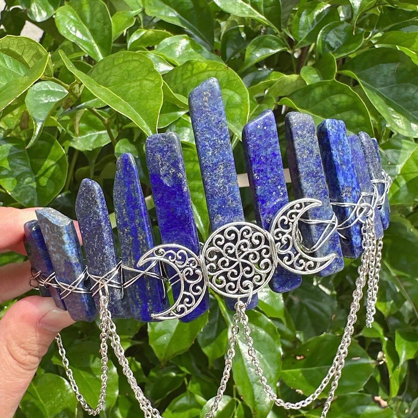 Lapis Lazuli Crystal Wicca Crown Headband with crescent moons and chain details